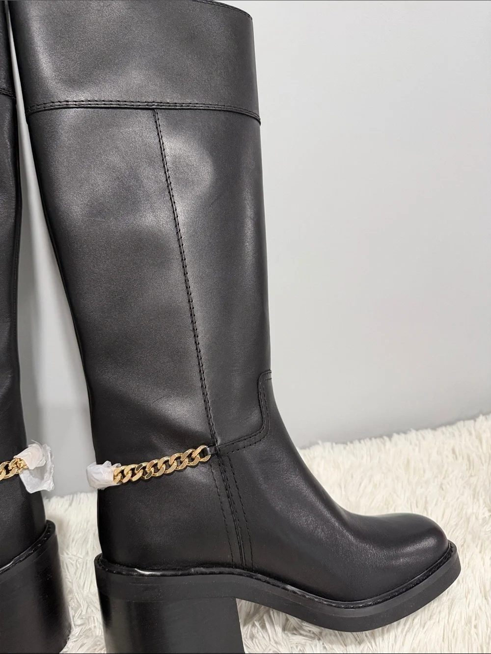 MICHAEL Michael Kors Black Leather Over-the-Knee Boots with Gold Chain Accent